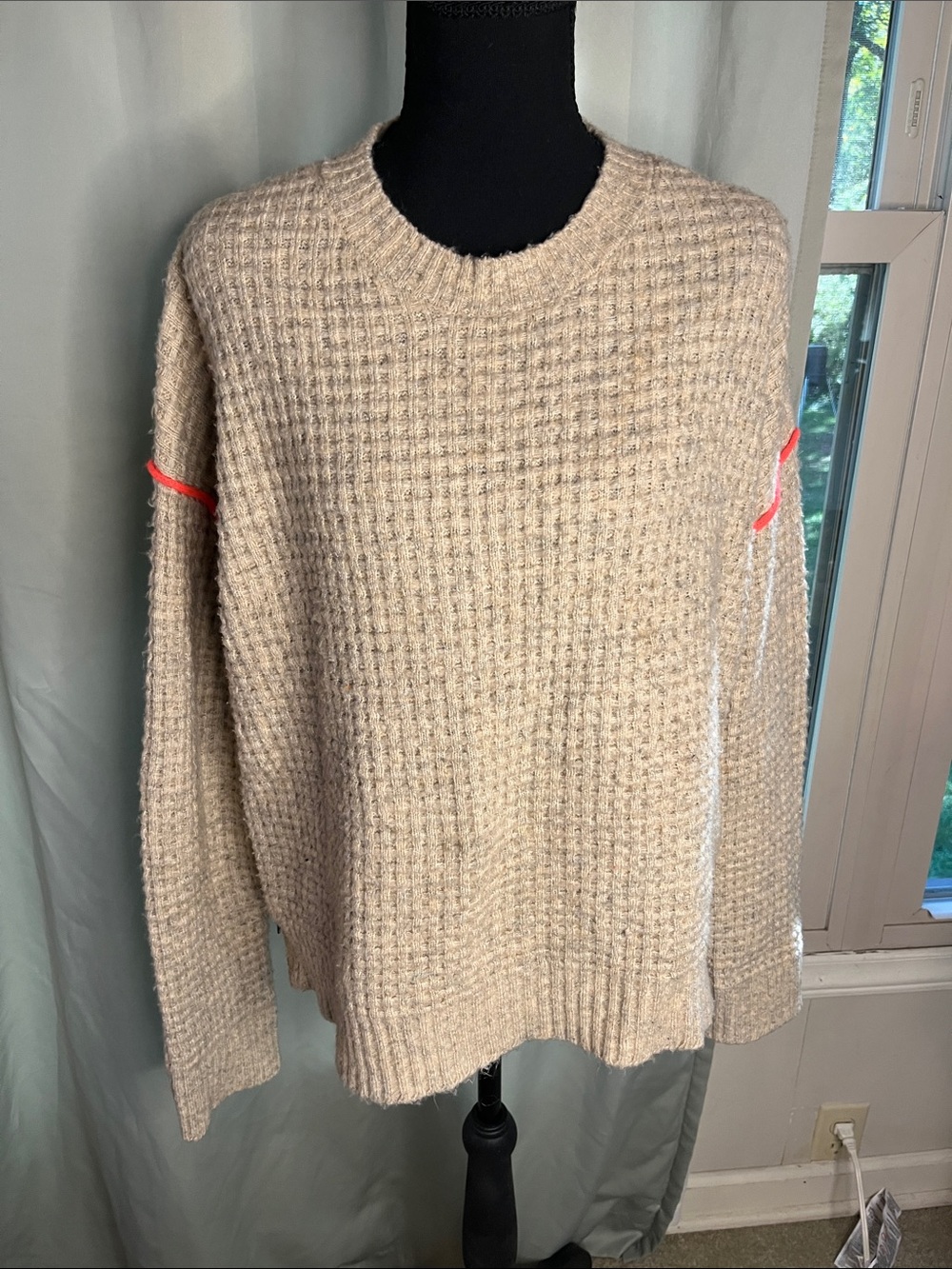 Lisa Todd Beige Oversized Crewneck Sweater with Coral Sleeve Trim Side Zip